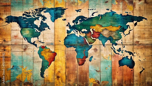 Fototapeta Vibrant vintage world map on a worn distressed wooden background with a subtle texture, complete with faded country borders and nostalgic travel symbols.