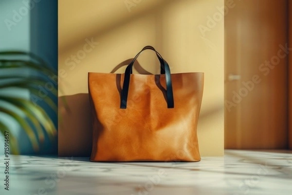 Fototapeta A brown leather tote bag sits on a tiled floor, perfect for everyday use or as a decorative piece