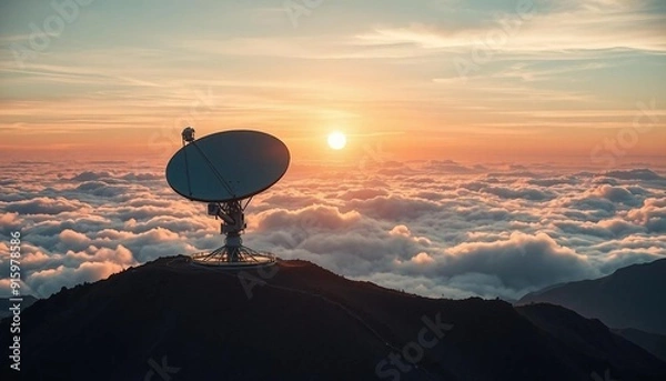 Fototapeta A series of large satellite antennas on a mountaintop, high above the clouds, their surfaces glistening in the early morning light as they scan the heavens, symbolizing the link between earth and spac