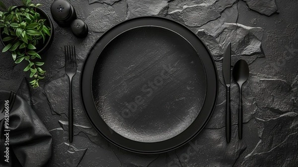 Fototapeta A close-up view of a table setting featuring a black plate, fork, knife, and napkin