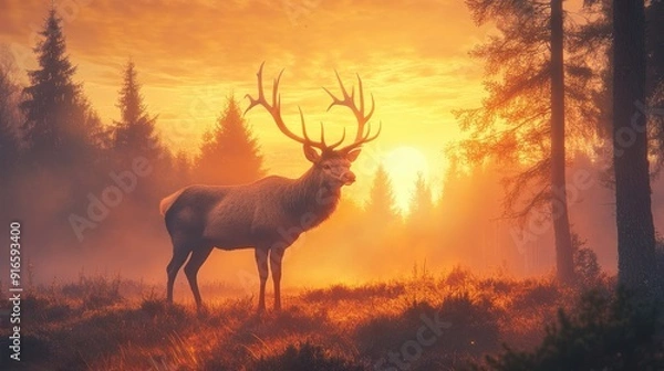 Fototapeta A majestic stag standing in a misty forest at dawn, with its antlers silhouetted against the rising sun.