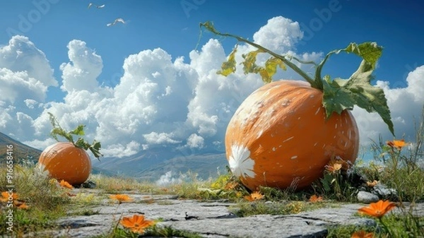 Fototapeta Surreal vision of giant gourds towering over the landscape.