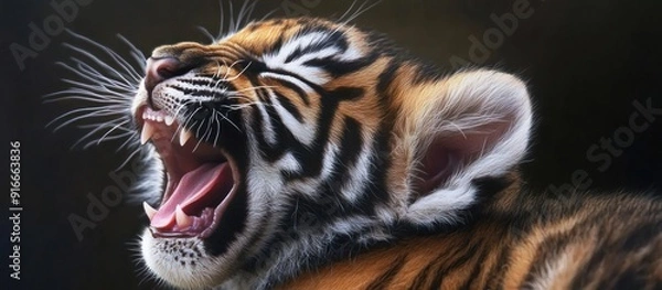 Fototapeta A Tiger Cub Yawns With Open Mouth