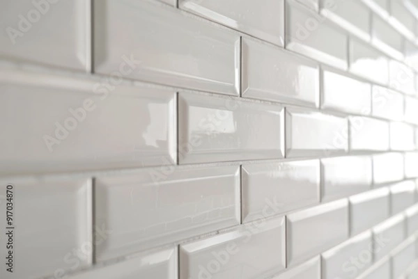 Fototapeta A close-up shot of white subway tiles with clean grout lines, showcasing a sense of minimalism and cleanliness. The image highlights the texture and pattern of the tiles.