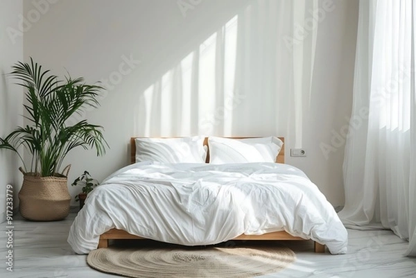 Fototapeta  A minimalist bedroom with a platform bed white linens and a single potted plant 