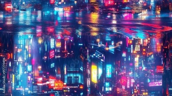 Fototapeta Vibrant neon reflections on wet city streets create a futuristic, colorful cityscape at night, capturing the essence of a cyberpunk world.