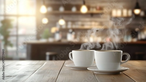 Fototapeta Interior of a Coffee Shop with Steamy Cups on Table