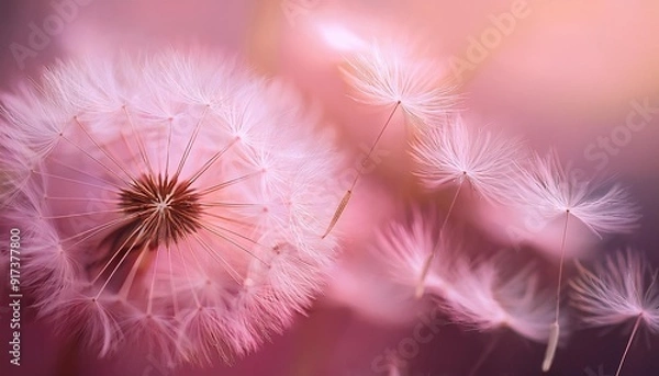 Fototapeta Delicate dandelion seeds in a cluster, illuminated by soft, pink light, creating a dreamy and ethereal effect