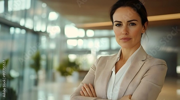 Fototapeta Confident Business Pose: A businesswoman in a power suit, confidently posing with arms crossed in a modern office.
