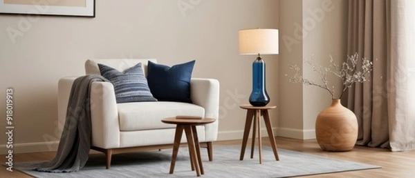 Fototapeta A cozy minimalist living room featuring modern furniture, a comfortable armchair, wooden tables, and elegant decor elements. A perfect blend of style and functionality.