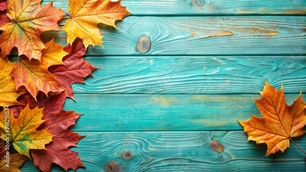 Fototapeta Autumn Leaves on Turquoise Wooden Background.