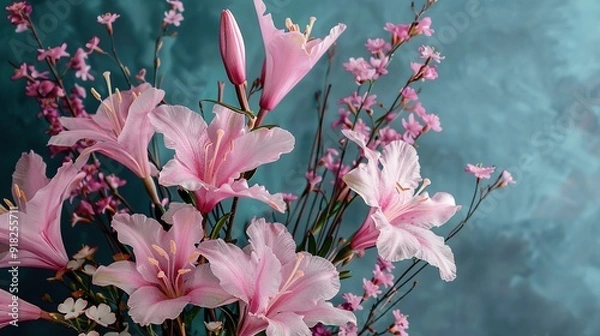 Fototapeta   A blue table holds a vase brimming with pink blooms, while a nearby black vase showcases both pink and white floral arrangements