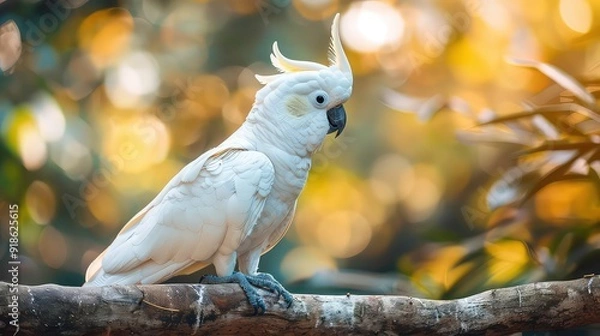 Fototapeta A white cockatoo with a yellow crest sits on a branch in a forest, looking to the right. The background is blurred with golden and green tones.