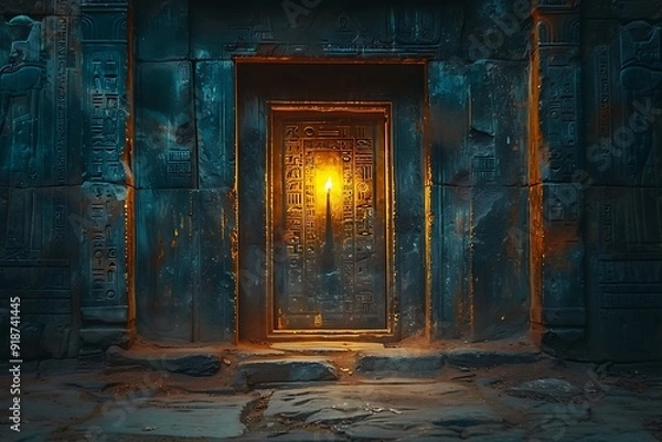 Fototapeta Hidden chamber illuminated by a single flickering candle A scholar deciphers cryptic symbols from the Book of Thoth uncovering secrets of the occult world