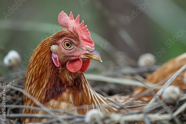 Fototapeta Brown hen resting in nest on farm