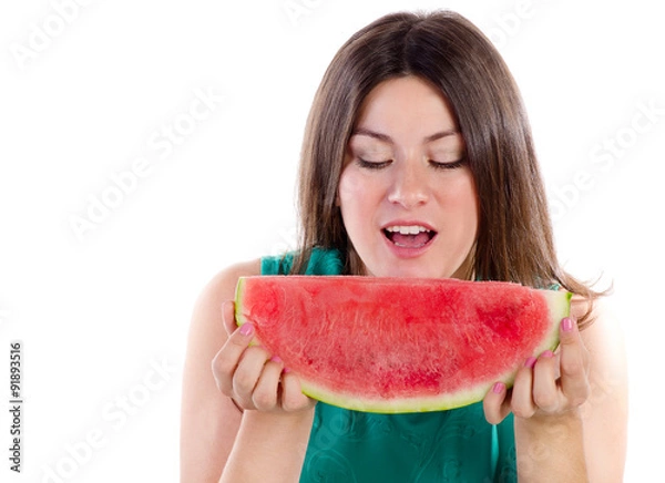 Fototapeta smiling woman holding slice of watermelon