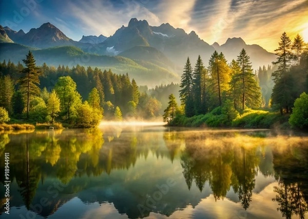 Fototapeta Serene misty morning landscape with golden light illuminating lush green forest surrounded by majestic mountains and tranquil lake reflecting the beauty of nature.