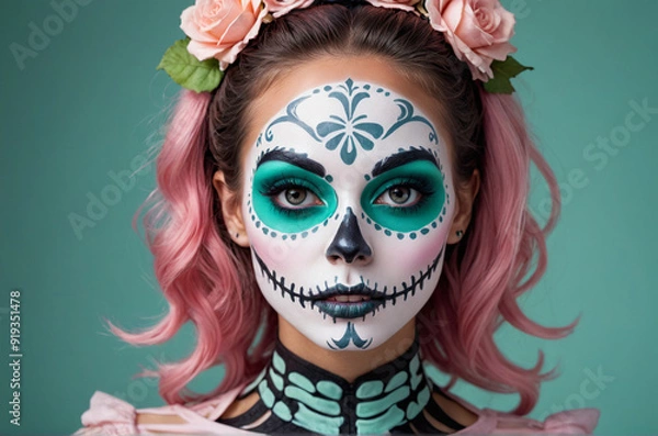 Fototapeta Woman with Pastel Skull Makeup for Day of the Dead Halloween