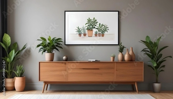 Fototapeta A modern living room with a wooden sideboard, a potted plant, and a blank framed wall art.