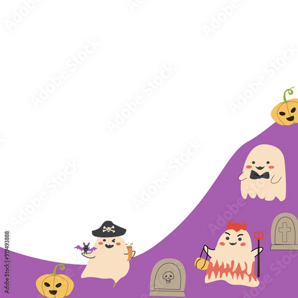 Fototapeta Cute childrens halloween background with funny characters. Pumkins and ghosts, skulls, fall leaves, speech bubbles.