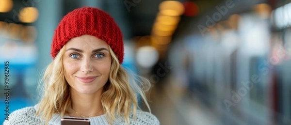 Fototapeta  A woman in a red hat holds one cell phone to her ear, the other hand cradling a second phone in front of her