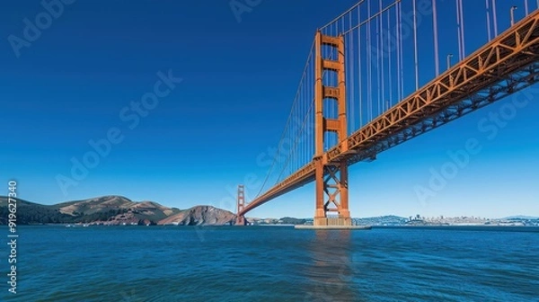 Fototapeta The Golden Gate Bridge against a clear blue sky, highlighting its distinctive orange color and the expansive view of the San Francisco Bay