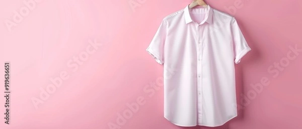 Fototapeta  A white shirt on a hanger against a pink wall Another white shirt on a separate hanger also hangs on the same pink wall