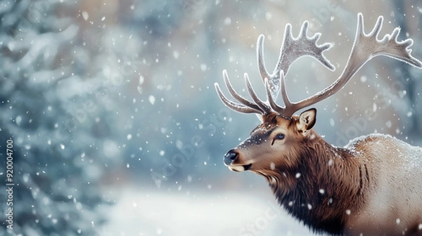 Fototapeta a majestic elk standing tall in the snow, its antlers covered in a dusting of snowflakes