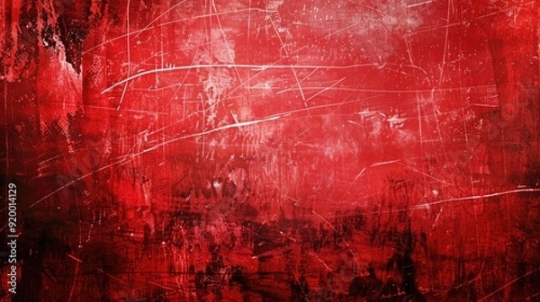 Fototapeta Scratched bright red paint on wide surface with a gloomy grunge abstract background