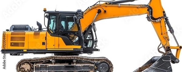 Fototapeta Wheel excavator with a hydraulic hammer attachment, isolated on a white background, photo of wheel excavator isolated white background, demolition equipment