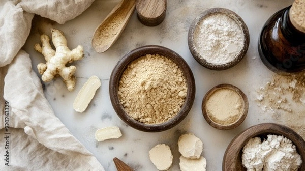 Fototapeta A collection of natural, organic ingredients laid out on a table, highlighting the earthy tones of maca powder.