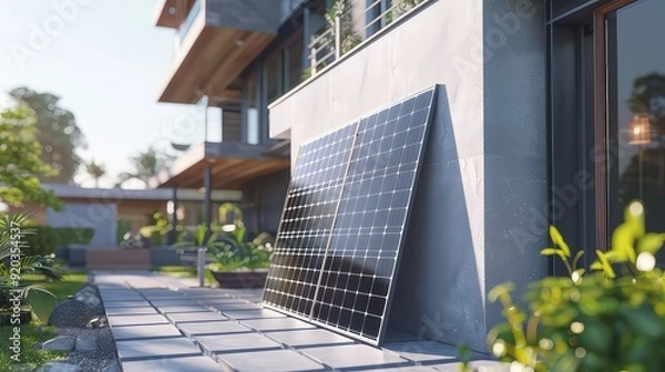 Fototapeta Eco friendly backyard with solar panels and garden generated with AI