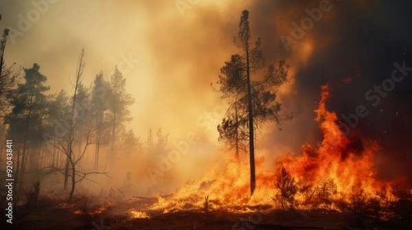 Fototapeta Fire accident in forest area due to global warming. Neural network ai generated art