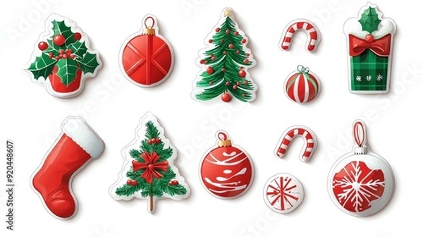 Fototapeta Pack of Christmas Stickers , isolated on a white background, 3D realistic High quality image files,,