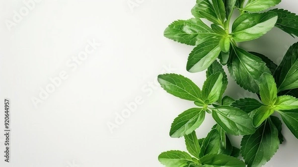 Fototapeta Fresh Green Stevia Leaves on White Background - Natural Sweetener Plant for Healthy Living and Organic Food Concepts - High-Quality Botanical Image for Health and Wellness Projects