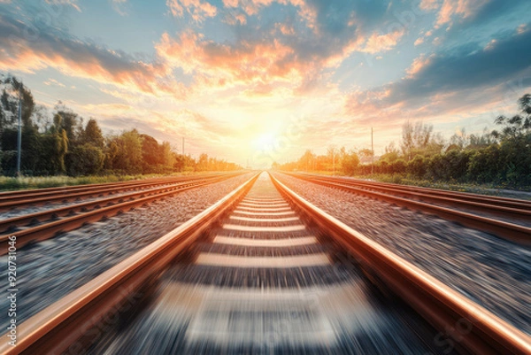 Fototapeta A picturesque view of railroad tracks extending into the horizon under a breathtaking sunset sky, surrounded by lush greenery on either side.