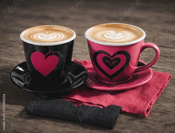 Fototapeta Two cups of coffee with hearts on them sit on a table