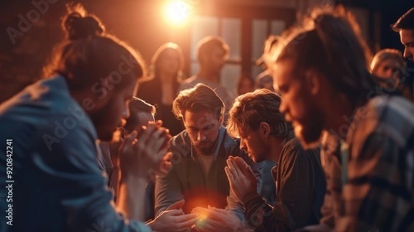 Fototapeta Startup team huddled in a group prayer moment before their big pitch