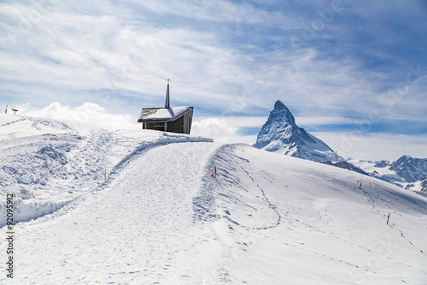 Obraz Chapel on the snow mountain with the background of Matterhorn