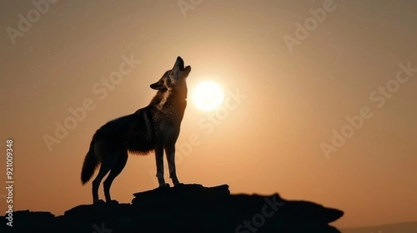 Fototapeta Majestic Wolf Silhouette Howling Under Bright Full Moon in Serene Wilderness Landscape