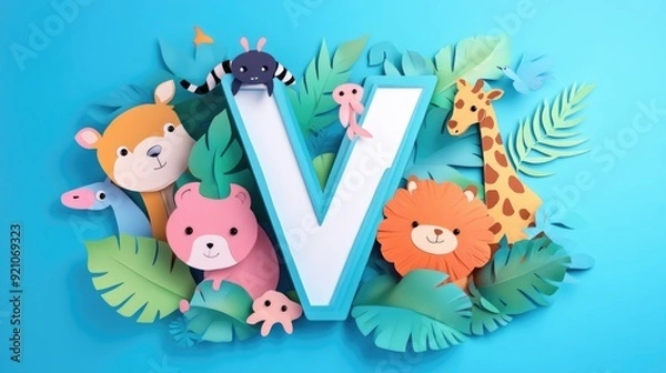 Fototapeta Letter V: Paper cut style illustration, colorful 3D whimsical, text "V" made of cute animals