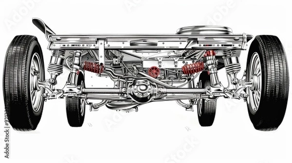 Fototapeta Detailed Cross-Section of Car's Front and Rear Suspension Systems Highlighting Engineering Differences