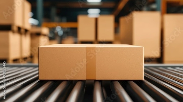 Obraz A single cardboard box on a conveyor belt in a modern warehouse, showcasing logistics and packaging operations.