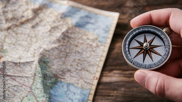 Fototapeta A close-up of a hand holding a compass, with a map spread out on a wooden table