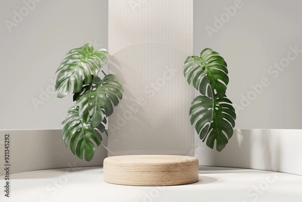 Fototapeta 3D rendering abstract platform podium with monstera plant product presentation background	
