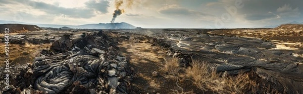 Fototapeta Volcanic Landscape with Erupting Volcano and Dried Lava Flow