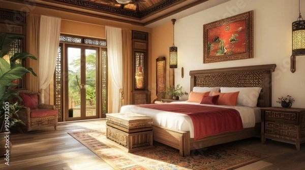 Fototapeta Elegant bedroom with wooden furniture, large windows, and a patterned rug.