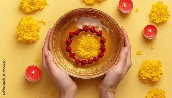 Fototapeta A hand holds a Bengali traditional smart red bracelet in front of a bowl of water with yellow flowers floating in it on an isolated pastel background in a top view