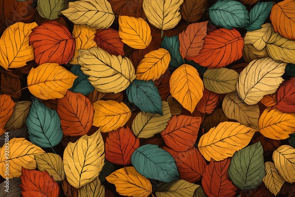 Fototapeta Colorful drawn autumn leaves background, good for any project.