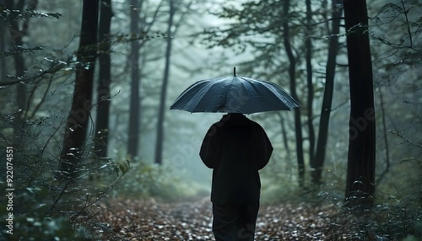 Fototapeta Walking alone in the forest holding a black umbrella, the atmosphere is peaceful and mysterious.